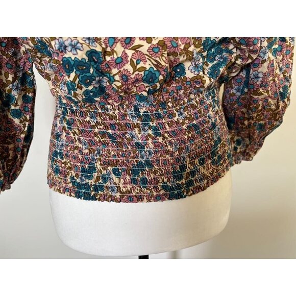 ANTHROPOLOGIE MAEVE Odette Smocked Blouse Size Small Floral 3/4 Sleeve V-Neck - Picture 4 of 10
